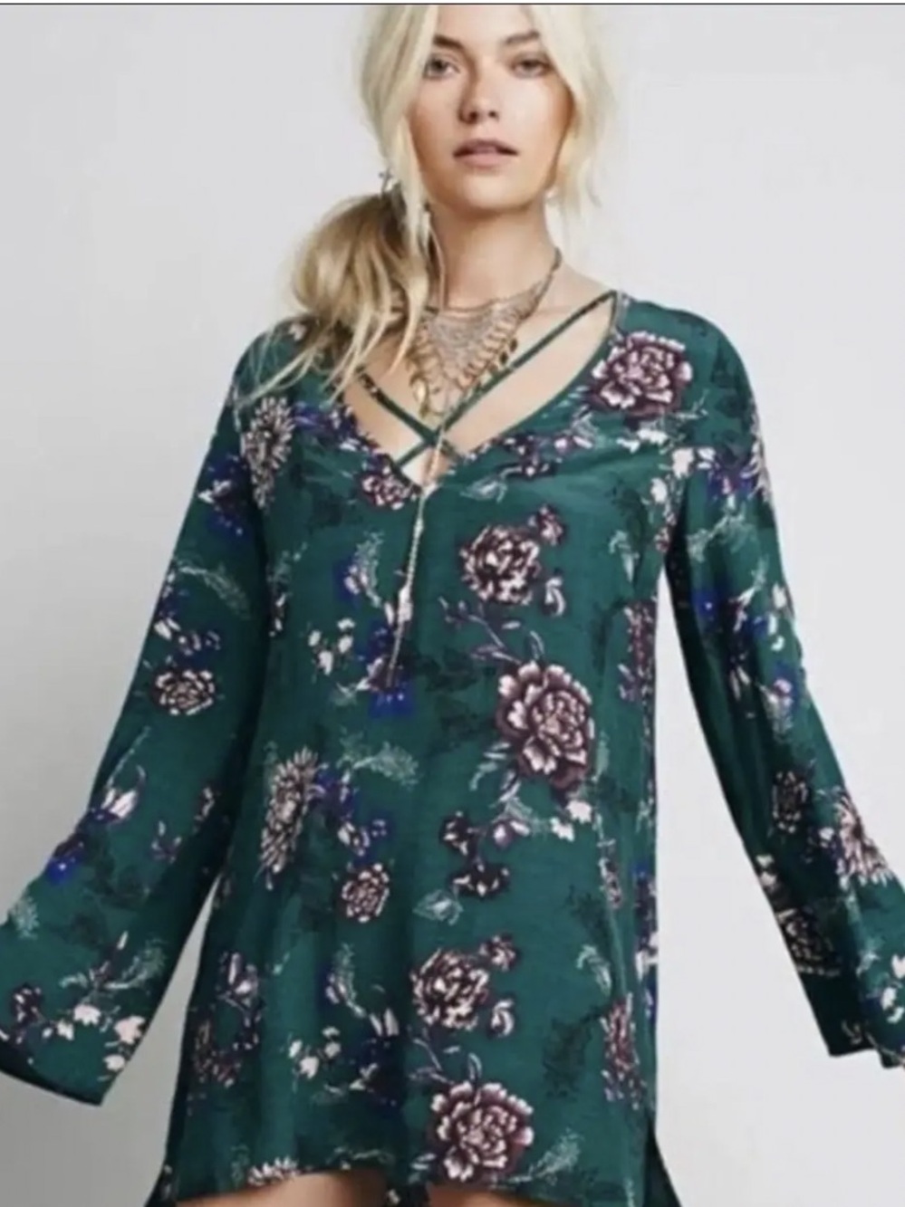 Free People Heartbeat Green Floral Tunic Mini Dress bohemian Flowy romantic XS
